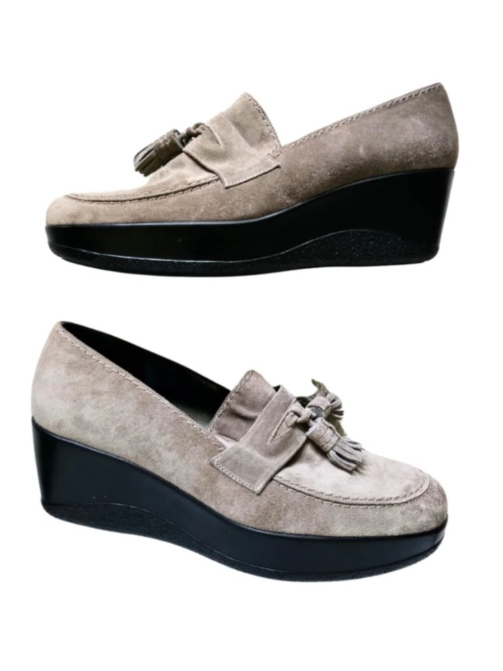 Stuart Weitzman Suede Tassel Loafers Wedges Taupe US 9M Platform